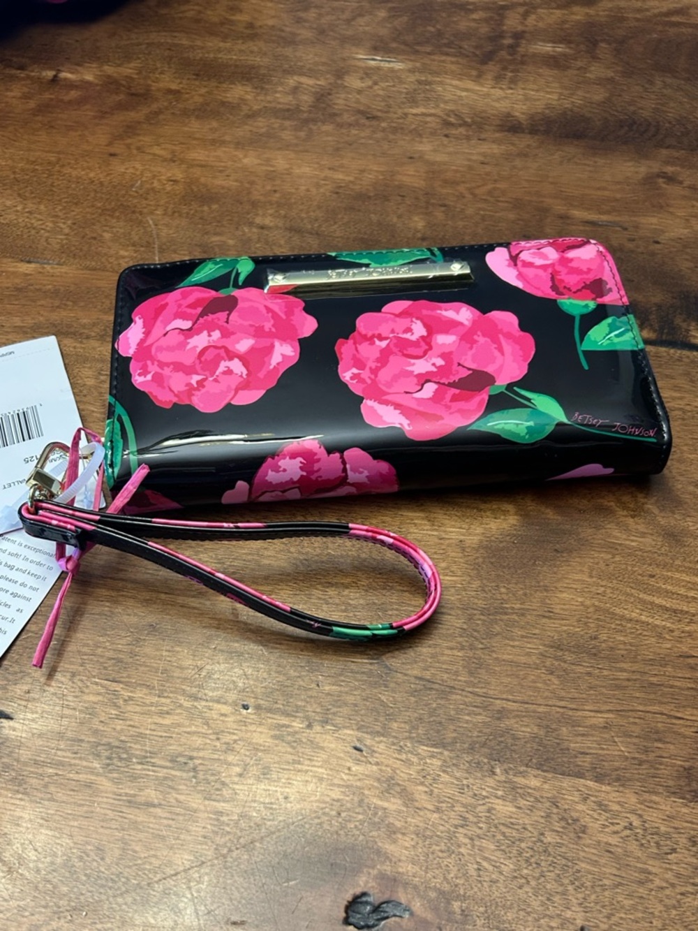Betsy Johnson Wristlet Wallet - Pink Floral on Black